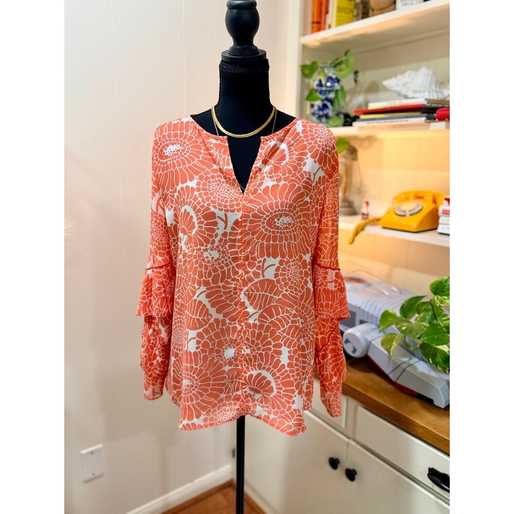 Ann Taylor Coral Floral Blouse M Unique Ruffle Sleeve Chiffon Chic Statement Top